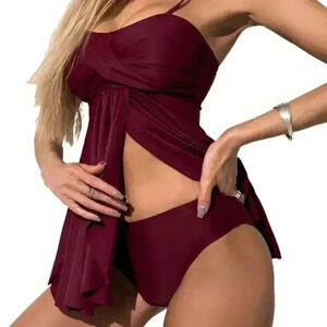 2PC Swimsuit Ruched Tankini Top & Bottoms (Color: Burgundy Red)